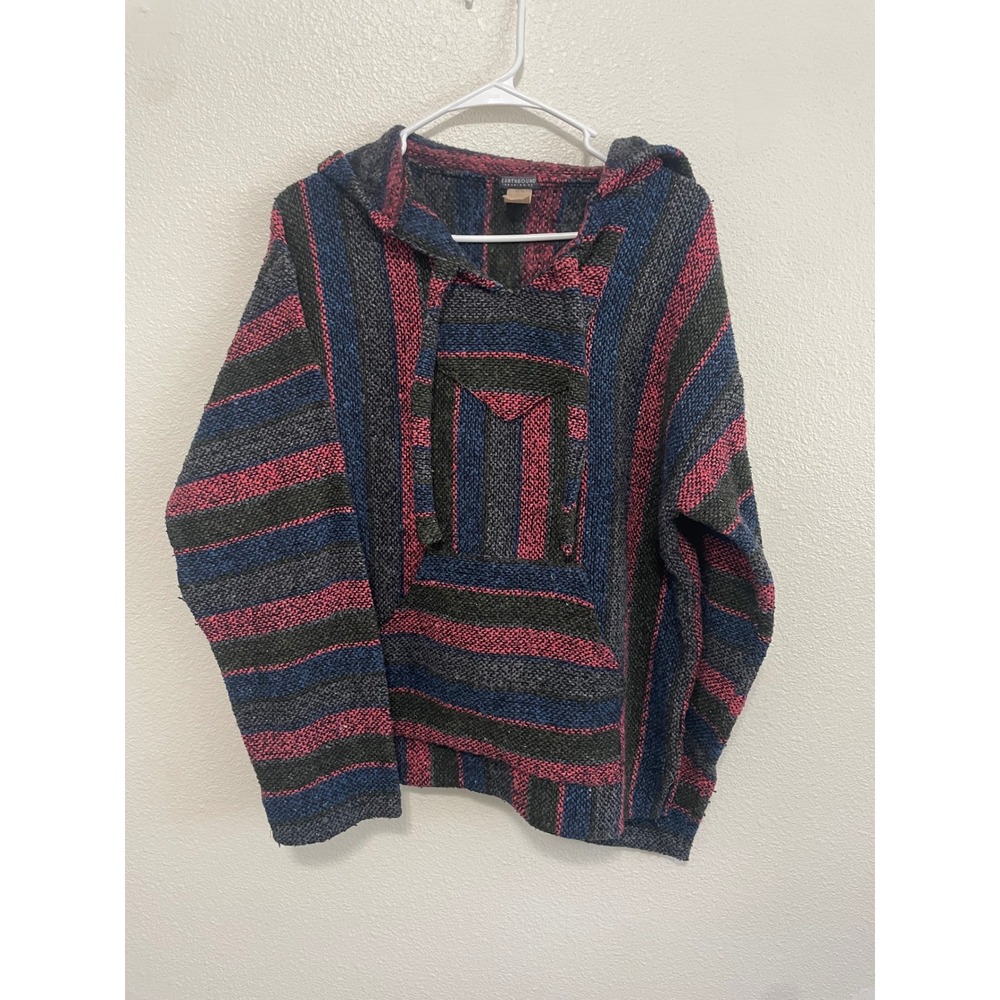 VTG Earthbound Baja Ponchos Mens Medium Pink Blue Striped Woven Hippie Surfer